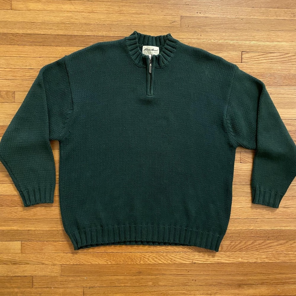Eddie Bauer Sweater Mens XL Green Half Zip Mock Neck Cotton Knit Ribbed Pullover
